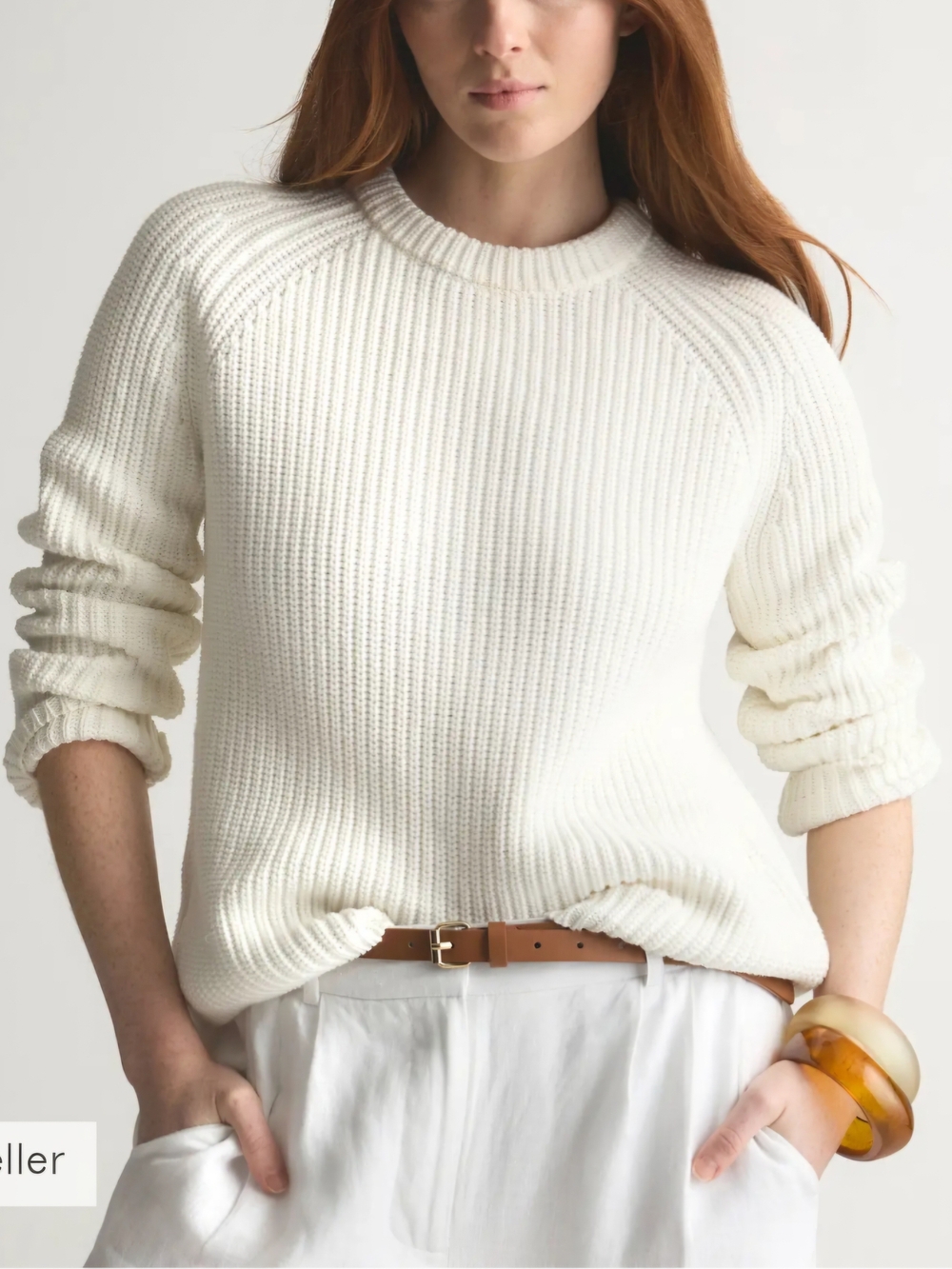 O Quince 100% Organic Cotton White Fishermans Crewneck Sweater Medium